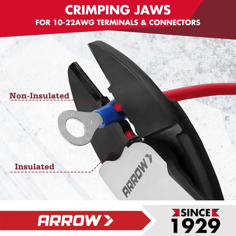 Heavy Duty 9.5 Inch Wire Crimper Cutter For 10 To 22 Awg Copper Wire Dual Action Terminal Plier crimping jaws in use.
