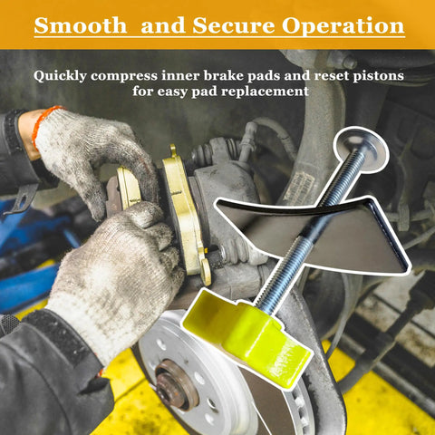 Disc Brake Pad Spreader And Caliper Piston Tool being used to compress car brake pads with solid steel build