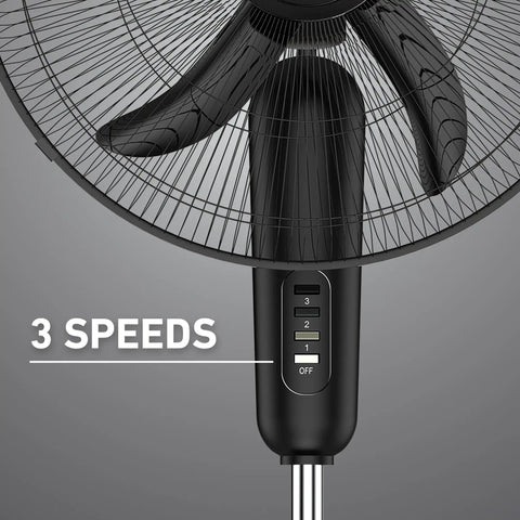 Close-up of control panel featuring 3 speeds on 18 Inch Oscillating Stand Fan With 3 Speeds Cranks Out Powerful Airflow Up To 2120 CFM.