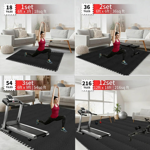 Interlocking EVA Foam Gym Mats Set 18 Pieces For Home Gym And Garage, installed in living room with exercise equipment