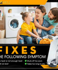 Family in laundry room with dryer heating element assembly replacement kit for Samsung dryers with housing duct and fuse.