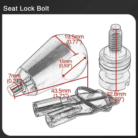 Seat Lock Anti Theft Bolt With 1/4-20 Thread For Touring Sportster Softail Dyna Road King Street Glide Electra Glide And More Motorcycles Stainless Steel Screw Aluminum Cover Easy Install showing dimensions.