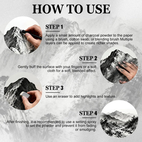 Instruction guide for using Charcoal Powder for Drawing Graphite Powder Charcoal Drawing Supplies with illustrations.