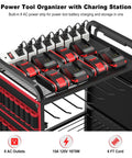 Power Tool Organizer Cart With Charging Station And Heavy Duty Tool Bag For Garage And Workshop, Battery Holder Storage Rack With 8 Outlet Power Strip And Rolling Utility Shelf On Wheels, close-up view of charging station with 8 AC outlets and battery holders.