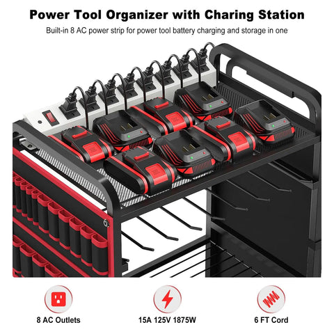 Power Tool Organizer Cart With Charging Station And Heavy Duty Tool Bag For Garage And Workshop, Battery Holder Storage Rack With 8 Outlet Power Strip And Rolling Utility Shelf On Wheels, close-up view of charging station with 8 AC outlets and battery holders.