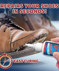 Applying Heavy Duty Shoe Glue For Soles And Shoes Quick Dry Instant Adhesive With Anti Clog Cap to a worn shoe sole close-up.