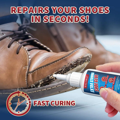 Applying Heavy Duty Shoe Glue For Soles And Shoes Quick Dry Instant Adhesive With Anti Clog Cap to a worn shoe sole close-up.