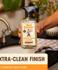 Person holding Granite And Stone Daily Countertop Cleaner With Plant Based Formula in front of kitchen sink.