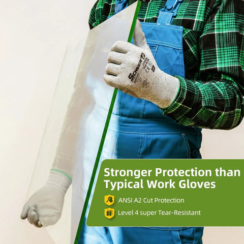 Person wearing heavy-duty safety work gloves holding glass with ANSI A2 cut protection, showcasing tear resistance and comfort.