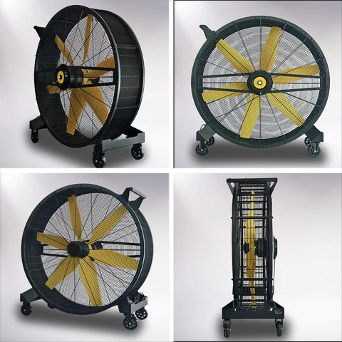 Rugged Heavy Duty Metal Floor Fan Blasting High Velocity Air And Smooth 360 Adjustable Tilt, featuring yellow blades and sturdy base on wheels.