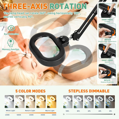 Go To Floor Standing Magnifier With Light And Stand in use for estheticians, showcasing three-axis rotation features and dimmable modes.