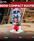 Heavy Duty 800W Compact Wood Router With 30000 RPM Kick And Complete 15 Piece Bit Set For Smooth Edge Trimming And No Sweat Woodworking Results On Any Project shown on wood surface.