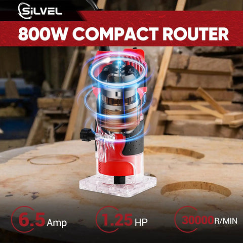 Heavy Duty 800W Compact Wood Router With 30000 RPM Kick And Complete 15 Piece Bit Set For Smooth Edge Trimming And No Sweat Woodworking Results On Any Project shown on wood surface.