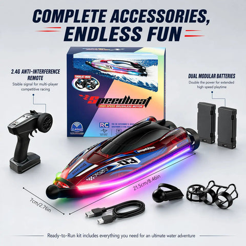 LED Light RC Boat With Dual Brushless Motors, 2 Batteries, 25 KMH Dope Fast Remote Control Racer For Kids And Adults displayed with accessories