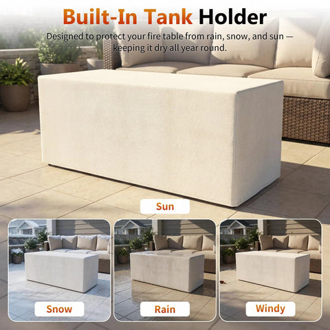 51 Inch Propane Fire Pit Table With 50,000 BTU Smokeless Heat cover showing built-in tank holder in sun, snow, rain, and wind.