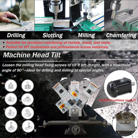 Heavy Hitter Benchtop Milling Machine With 1100W Brushless Motor And 110V Setup Delivers detailed image of tilting machine head for angled drilling.