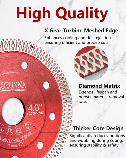 Pack Of 5 4 Inch Diamond Saw Blades For Angle Grinder with X Gear Turbine Edge and Diamond Matrix for precise cuts.