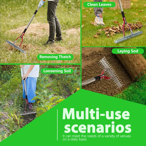 Collage of 15 Inch Lawn Dethatcher Rake With Steel Handle Pro Grade Heavy Duty Thatch Remover, shown in various yard tasks.
