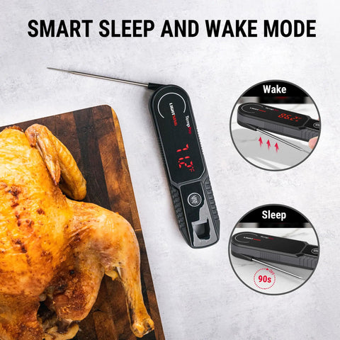 Lightning Fast One Second Instant Read Meat Thermometer With 180 Degree Rotating Display IP67 Waterproof beside roasted chicken