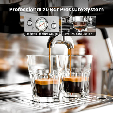 Game Changing Espresso Machine With Built In Grinder And 20 Bar Pressure, Hassle Free Milk Frother For Rich Cappuccinos, Stainless Steel Home Brewer That Truly Slaps And Saves Space with precision pressure gauge and espresso pouring into glasses.