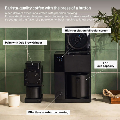 Front view of Aiden Precision Coffee Maker With Thermal Carafe 10 Cup Programmable Drip Coffee Machine For Single Serve And Batch Brew Adjustable Brew Strength Removable Water Tank Matte Black on kitchen counter.
