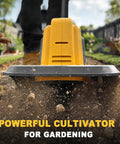 Cordless Garden Tiller Cultivator Compatible With 20V Battery Tool Only in action on soil, emphasizing 270 RPM power