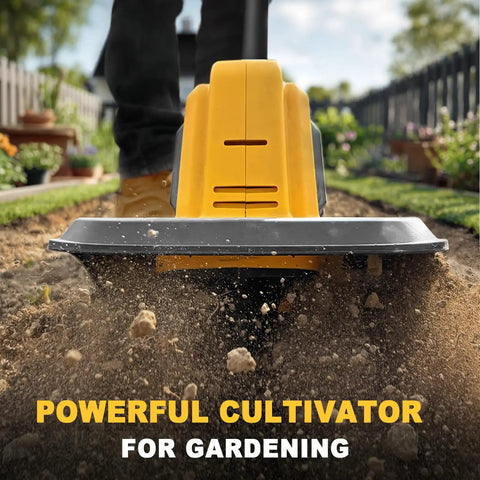 Cordless Garden Tiller Cultivator Compatible With 20V Battery Tool Only in action on soil, emphasizing 270 RPM power