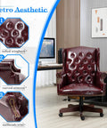 Ergonomic 360 Degree Swivel Office Chair With Tufted Wingback In Retro Burgundy Faux Leather Heavy Duty 500 Lb Capacity