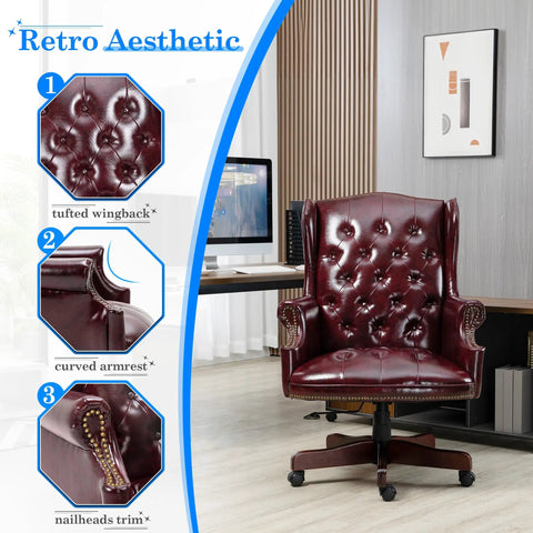 Ergonomic 360 Degree Swivel Office Chair With Tufted Wingback In Retro Burgundy Faux Leather Heavy Duty 500 Lb Capacity