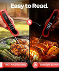 0.3 Second Instant Read Digital Meat Thermometer For Cooking And Grilling shown measuring temperature on BBQ chicken and sausages