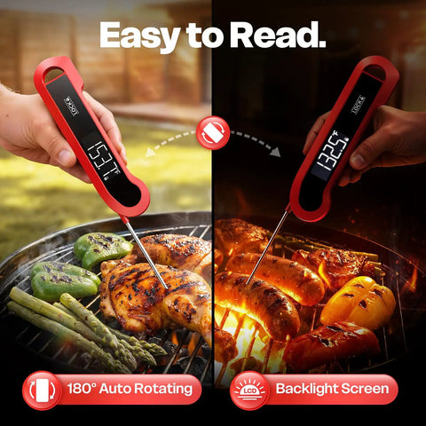 0.3 Second Instant Read Digital Meat Thermometer For Cooking And Grilling shown measuring temperature on BBQ chicken and sausages