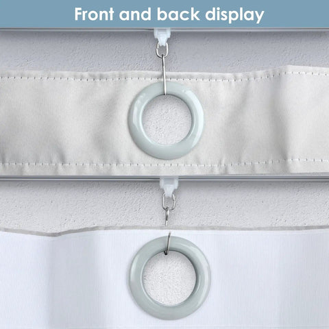 Ceiling Curtain Track System For Room Dividers With Easy Install Aluminum Alloy Rail Kit And Multiple Hooks For 6ft To 9ft Spaces Silver No Fuss Setup Smooth Gliding Operation And Modern Quiet Finish, front and back hook display