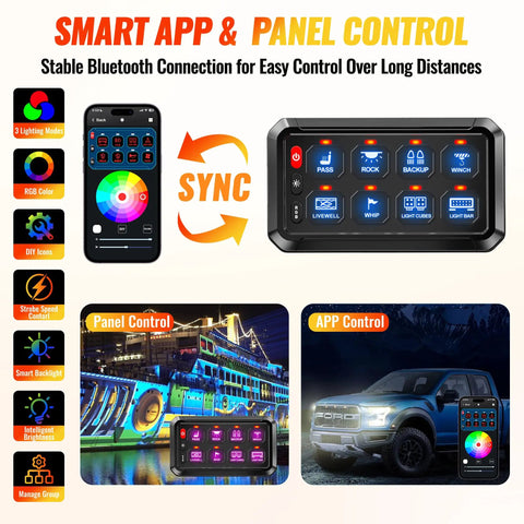 8 Gang Bluetooth Switch Panel with App Control shown with wireless RGB lighting and panel interface for Jeep and boat