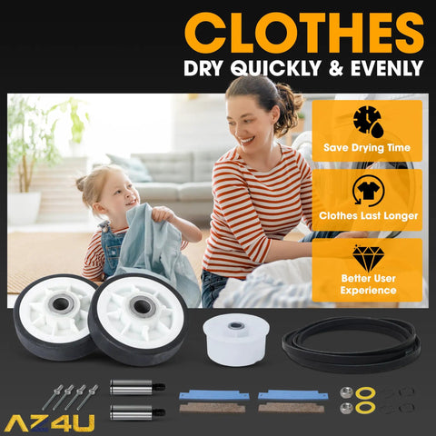 Drum Roller Kit With Drive Belt And Idler Pulley For Maytag Neptune 3000 Series with mother and child doing laundry