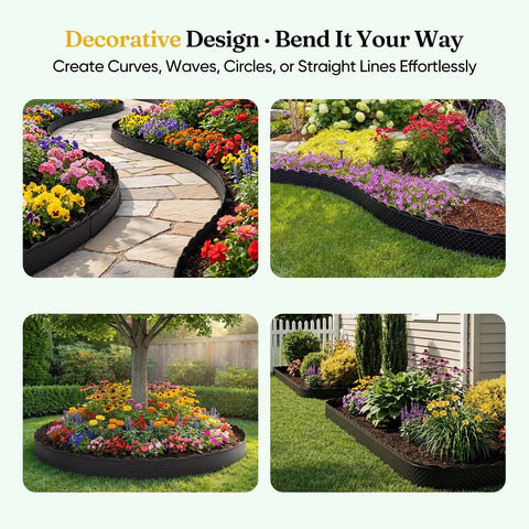 No Dig Landscape Edging Kit with interlocking panels creating curves and borders in garden settings, flexible decorative border
