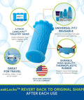 Blue elastic sleeve from LeakLocks for travel bottles, made of thermoplastic rubber. Ideal for leak-proof packing in luggage.