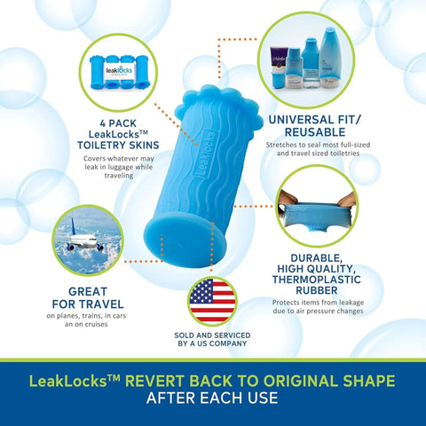 Blue elastic sleeve from LeakLocks for travel bottles, made of thermoplastic rubber. Ideal for leak-proof packing in luggage.