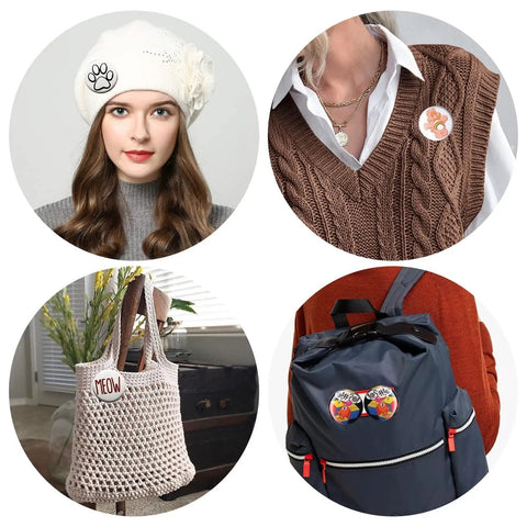 800 Piece Button Maker Supplies Kit For DIY Badge Makin Round 32mm 1.25 Inch Badges displayed on hat, vest, bag, backpack