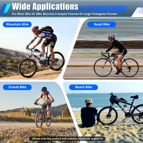 Cyclists riding different bike types demonstrating applications for 100Cc Bicycle Engine Kit For 26 To 28 Inch Bikes 2 Stroke Gas Motor Conversion