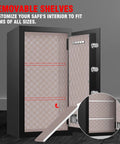 Interior view of Tough As Nails Heavy Duty 9.2 Cu Ft Fireproof Safe with LED Light, open door showing removable shelves and digital lock panel.