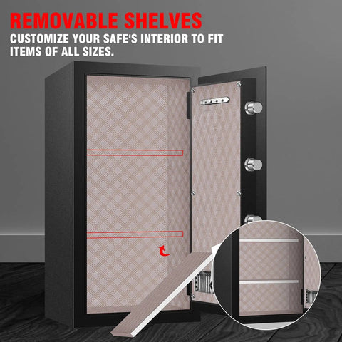Interior view of Tough As Nails Heavy Duty 9.2 Cu Ft Fireproof Safe with LED Light, open door showing removable shelves and digital lock panel.