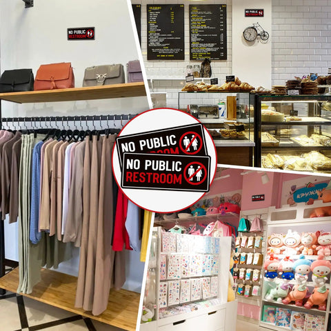 Collage showing 2 Pack No Public Restroom Signs Weatherproof Vinyl Stickers on store walls and bakery, highlighting indoor use.