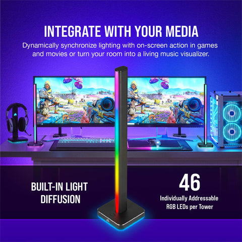 ICUE LT100 Smart Lighting Tower Starter Kit for Immersive Ambient RGB Extension setup with dual monitor gaming station