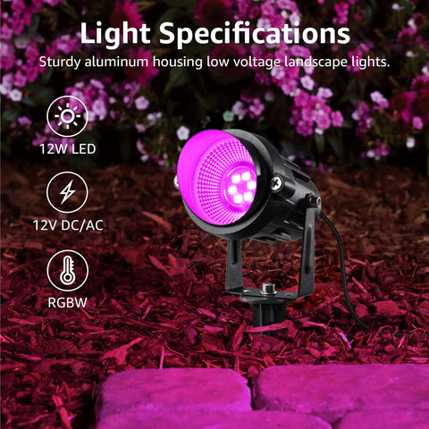 12 Pack RGBW Color Changing Outdoor Landscape Lights Kit With 300W Low Voltage Transformer showcasing a pink LED light