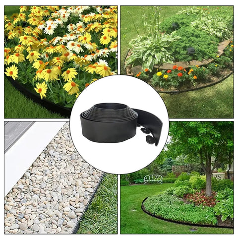 Flexible 33 Foot Garden Edging Border With 50 Spikes 4 Inch Lawn Border for flower beds, pathways, and paver edges, black installation.