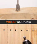 Close-up of drill bits in use for wood from 104 Piece Drill Bit And Driver Set With Tough Case Titanium Twist Bits Impact Driver Bits Masonry Spade Bits And Nut Drivers For Wood Metal Concrete Beefed Up All In One DIY Power Kit For Pros And Home Projects
