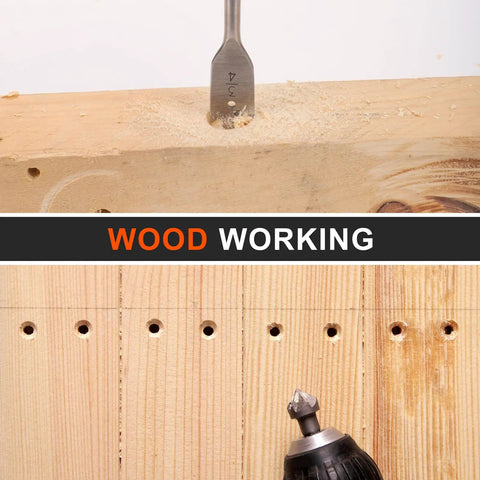Close-up of drill bits in use for wood from 104 Piece Drill Bit And Driver Set With Tough Case Titanium Twist Bits Impact Driver Bits Masonry Spade Bits And Nut Drivers For Wood Metal Concrete Beefed Up All In One DIY Power Kit For Pros And Home Projects