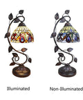 Serenity Victorian Tiffany Style Dark Bronze 1 Light Table Lamp With Vine Base And Glass Bead Detailing, illuminated and non-illuminated view.