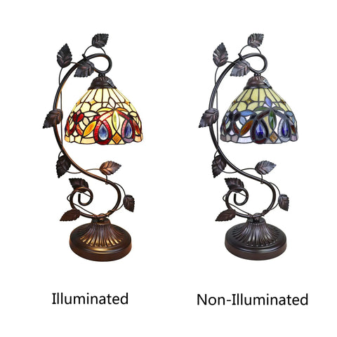 Serenity Victorian Tiffany Style Dark Bronze 1 Light Table Lamp With Vine Base And Glass Bead Detailing, illuminated and non-illuminated view.