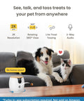 Mini 360 Degree Pet Camera With 2K QHD Live Video Feed and Rotating Treat Toss on table, pets in background, highlighting two-way audio.